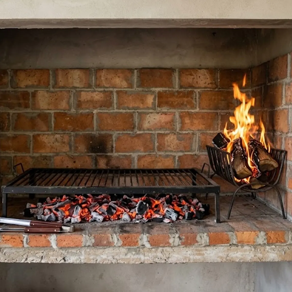 Parrilla encendida en el quincho de la quinta en Lobos