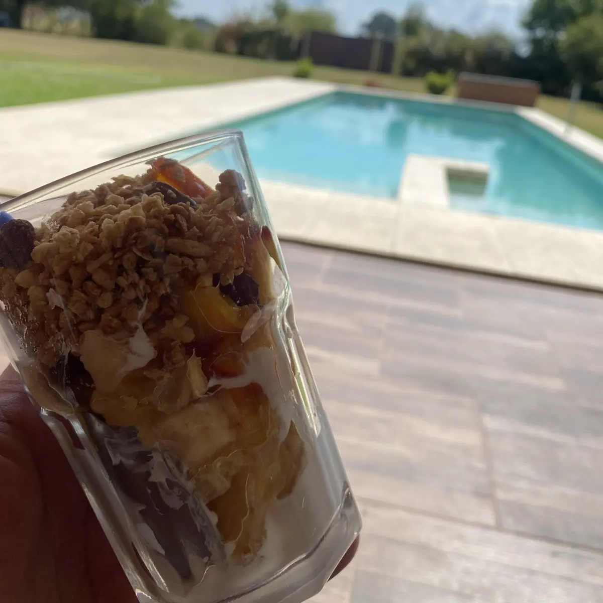 Postre frente a la pileta en la quinta en Lobos